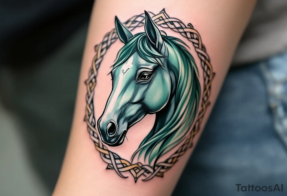 Celtic Horse Head – A sleek horse head framed in Celtic knotwork, detailed in black and deep green ink with muted earthy tones. tattoo idea