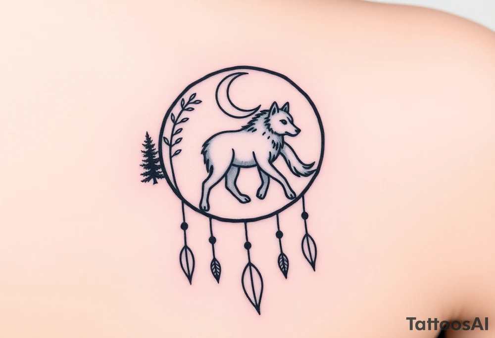A wolf walking under a crescent moon within a dreamcatcher, surrounded by trees. The wolf is in black with white highlights, and the dreamcatcher is detailed with silver moon symbols and green leaves tattoo idea