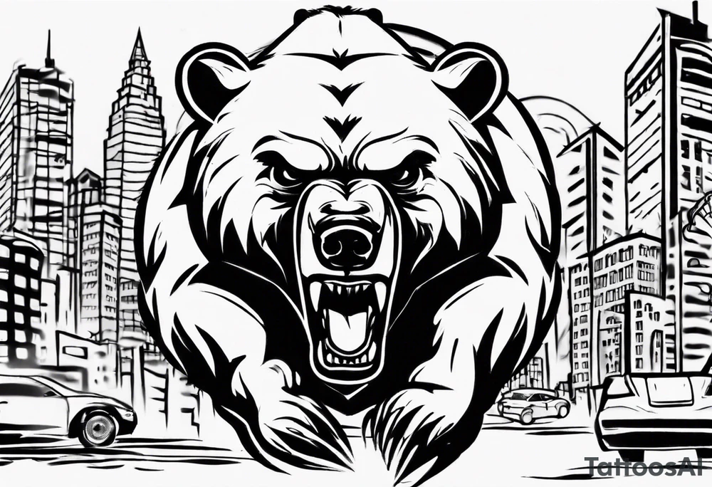 Angry bear coming up behind a city tattoo idea