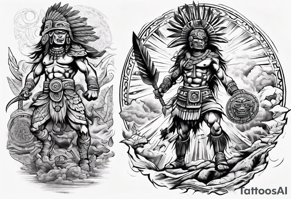 tattoo mayan warrior fighting against the gods as the sunrise from the ground tattoo idea