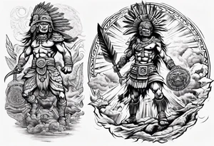 tattoo mayan warrior fighting against the gods as the sunrise from the ground tattoo idea