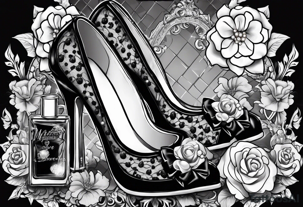 1950s pinup pumps and perfume bottle with hair bows, flowers, pearls, and lace tattoo idea