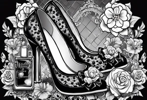 1950s pinup pumps and perfume bottle with hair bows, flowers, pearls, and lace tattoo idea