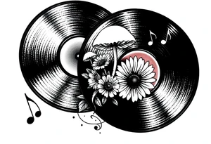 two overlapping vinyl records with mushrooms, sunflowers, and music notes tattoo idea