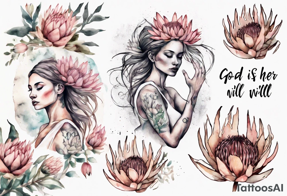 Create a very feminine tattoo of a dancing woman surrounded by protea flowers. Add the words: God is within her, she will not fall. tattoo idea