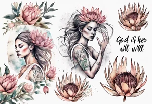 Create a very feminine tattoo of a dancing woman surrounded by protea flowers. Add the words: God is within her, she will not fall. tattoo idea