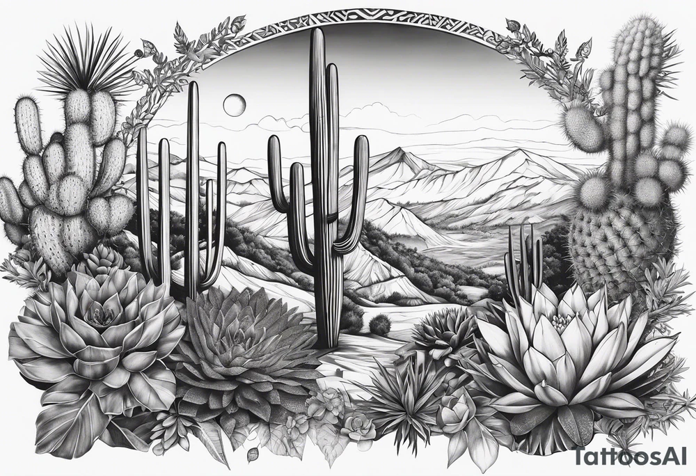 Lobo ,  cactos e árvore da vida por do sol braço parte de cima tattoo idea