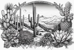 Lobo ,  cactos e árvore da vida por do sol braço parte de cima tattoo idea