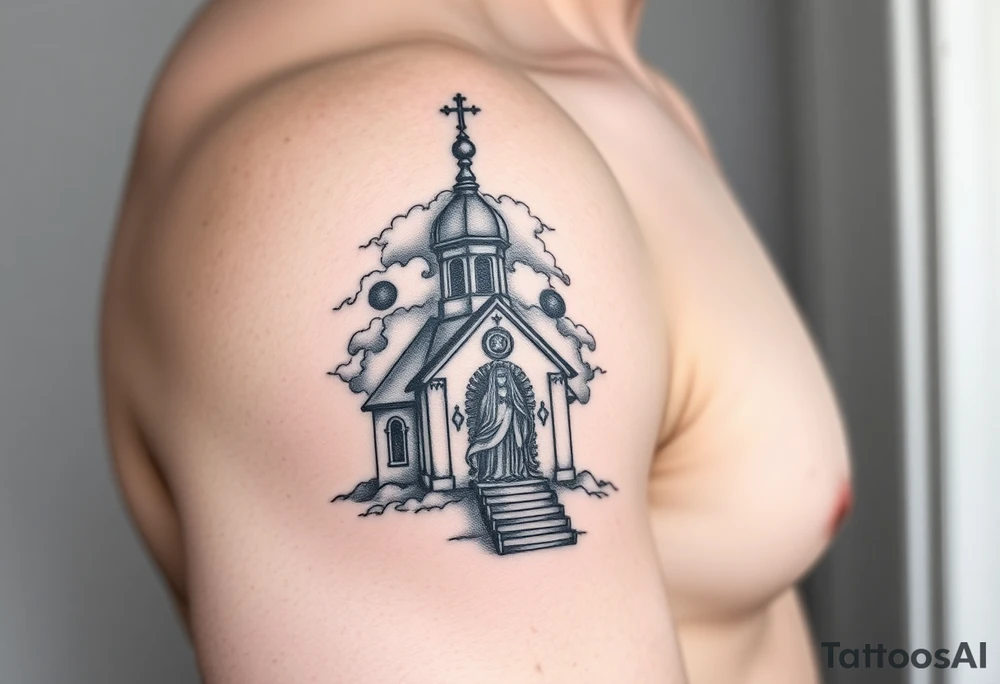 in a dorsal view a smaller sized orthodox church shrouded with a mist above and fading into a virgin mary overlooking tattoo idea