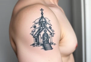 in a dorsal view a smaller sized orthodox church shrouded with a mist above and fading into a virgin mary overlooking tattoo idea