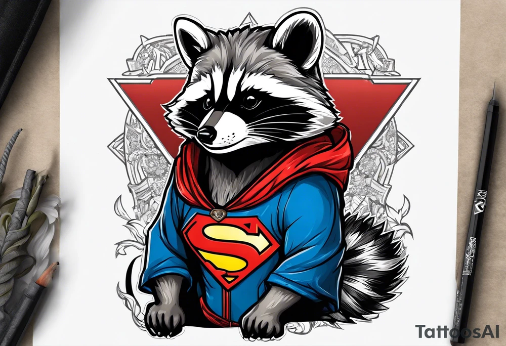 raccoon wearing a Superman hoodie tattoo idea