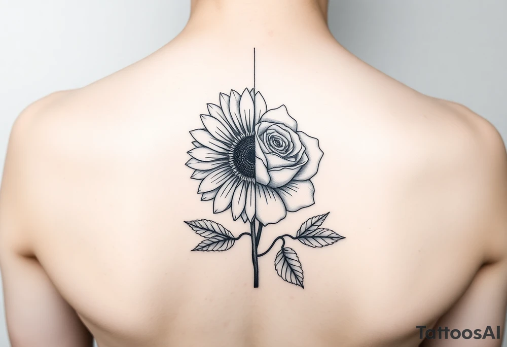 A single symmetrical flower composed of a sunflower on the left half and a rose on the right half, split perfectly down the middle. Surrounding the flower are greenery and leaves. This tattoo is for a woman's arm, so it should also extend vertically. The overall style is minimalist and elegant, with fine lines and no shading or color. tattoo idea