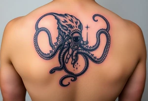 Deep sea kraken with an astronaut in a sea and space concept with colour tattoo idea