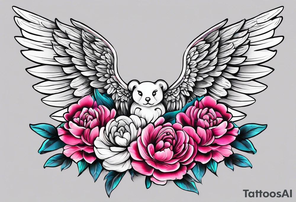 beautiful angel wings with floral peonies, roses, neon, brightly colored. highly detailed, tattoo idea