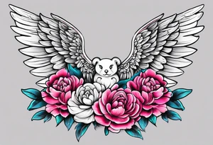 beautiful angel wings with floral peonies, roses, neon, brightly colored. highly detailed, tattoo idea