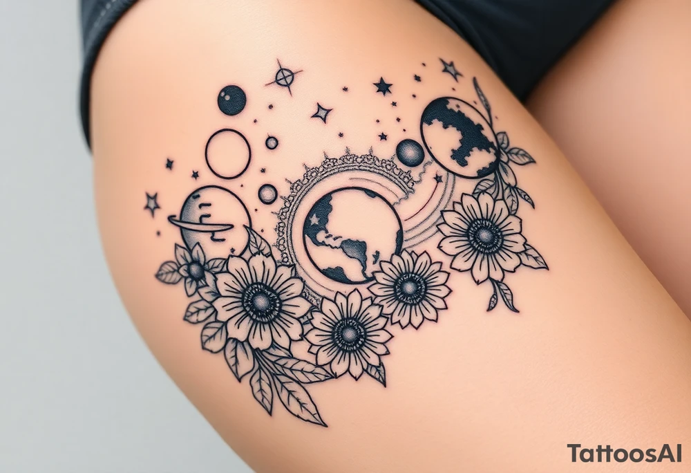 Milky way galaxy with planets with zodiac symbols and protection runes in it with tigerlillies roses and sunflowers tattoo idea