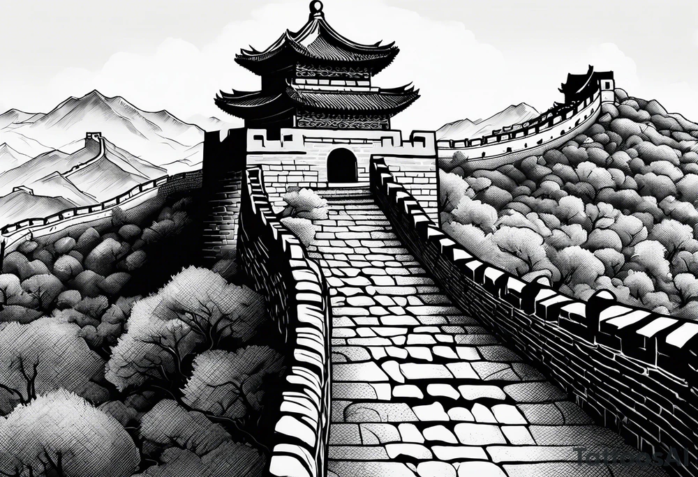 Rat behind Tiger and Snake on the great Wall of China with Temple tattoo idea