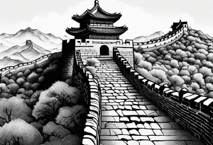 Rat behind Tiger and Snake on the great Wall of China with Temple tattoo idea