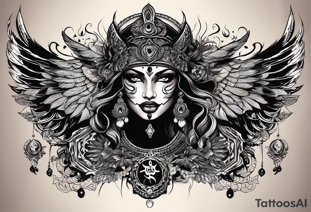 black kali, goddess pirate, alien, angel, pachamama, valkrye, warrior, flying, skull, lotus azul, wing, eagle, zenza resonance, stars, 5D, anahata chakra, death, durga, riding on a tiger, flying lady tattoo idea