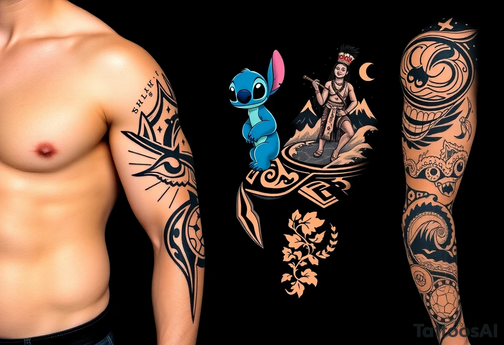 half sleeve, lilo and stitch riding on a turtle, waves, mountains, and then on other side, moana with maui heihei and pua on their boat tattoo idea