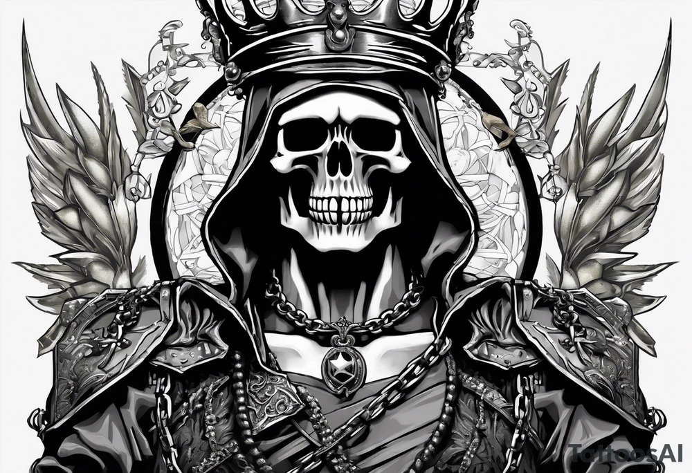 image of a skeleton standing frontally with a crown on his head, holding an AK-47 on his shoulder with his right hand. The chain on the left should be taut, there are three angry barking Dobermans in it, near the waist tattoo idea