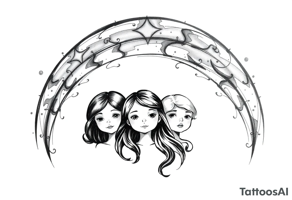 3 petites filles ( une cheveux noir et deux blondes)
sous un arc en ciel incomplet tattoo idea