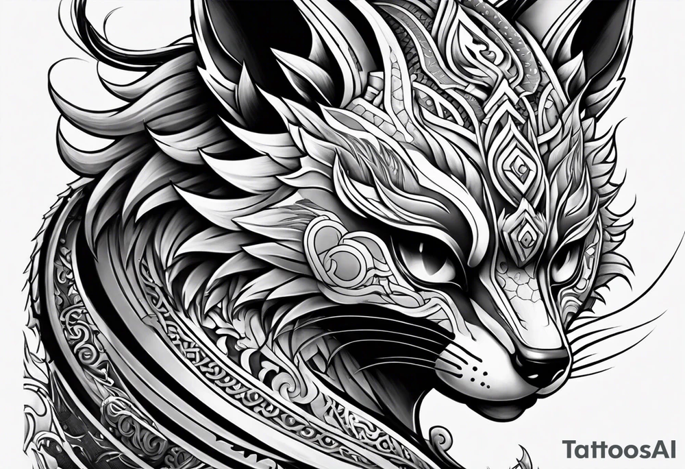 Split one side kitsune, other side oni mask tattoo idea Split one side kitsune, other side oni mask tattoo idea