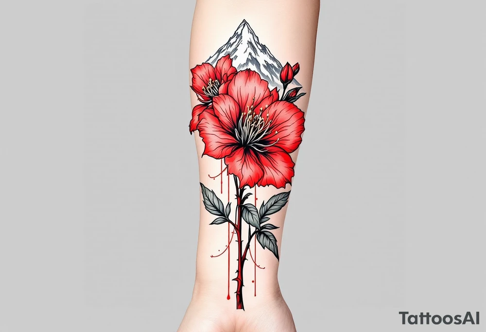 vertical wrist size red  and black rhododendron trippy with Himalayas behind tattoo idea