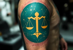 A minimalist design places the Libra symbol in pale yellow above dotted constellation lines on a rich teal circle. tattoo idea