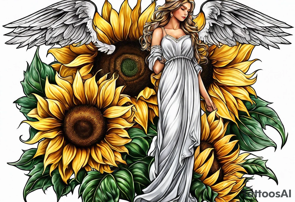 Sunflowers and angel wings leg sleeve tattoo idea