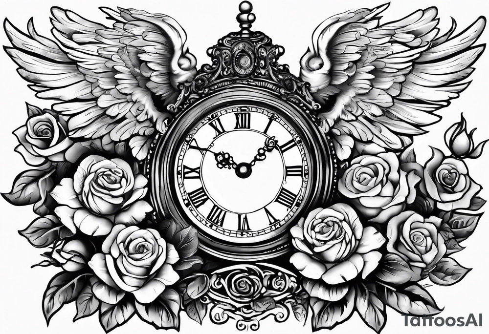 Half sleeve on arm of beautiful old fashion clock with roses, cherubs, angels, and the name chase Peter in a scroll tattoo idea