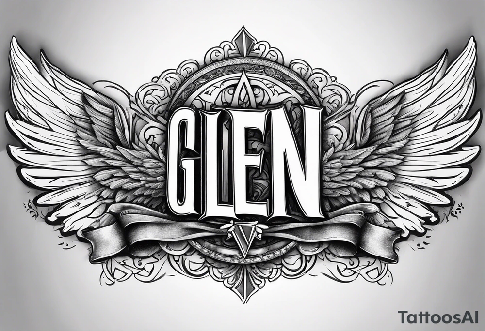 The word Glenn on a banner with angel Wings tattoo idea
