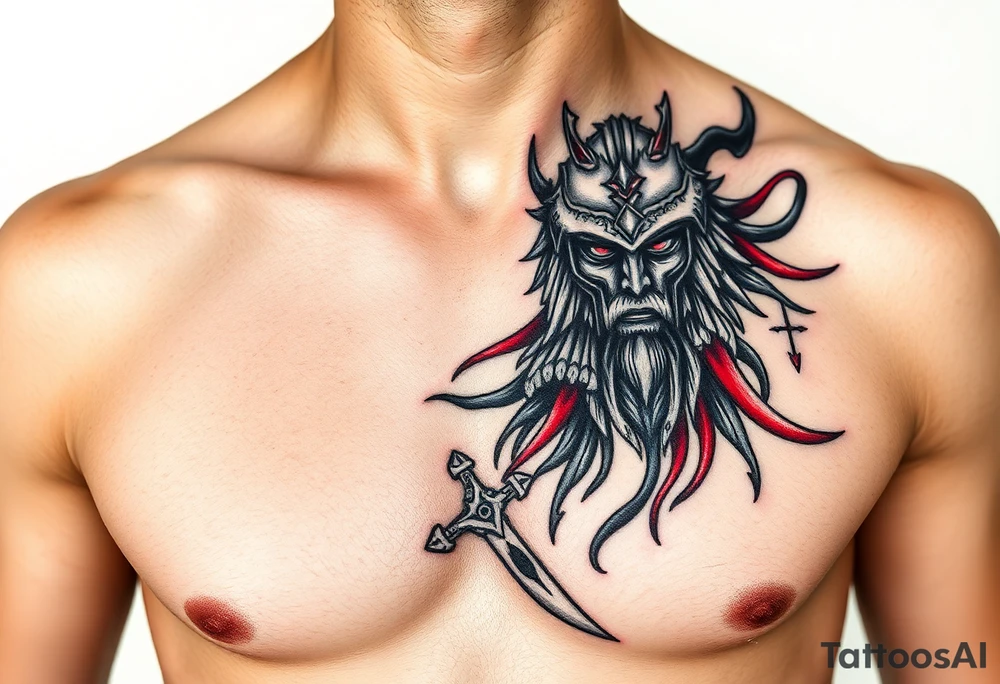 Warrior black and red on left chest male tattoo idea