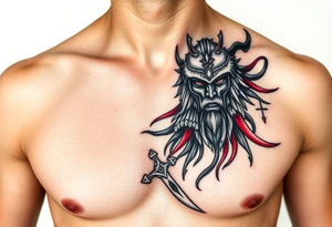 Warrior black and red on left chest male tattoo idea