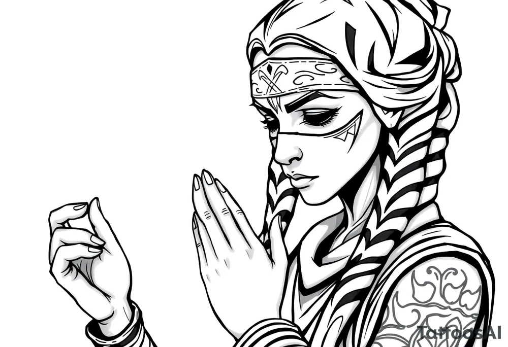 Ahsoka praying with rosary in hands and bandana over face tattoo idea