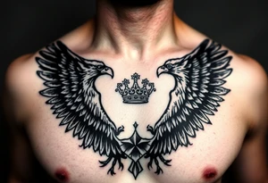 Chest tattoo,powerful two pilish symetricals majestic darks eagles, surrounded by lure ornaments , between eagles a crown tattoo idea
