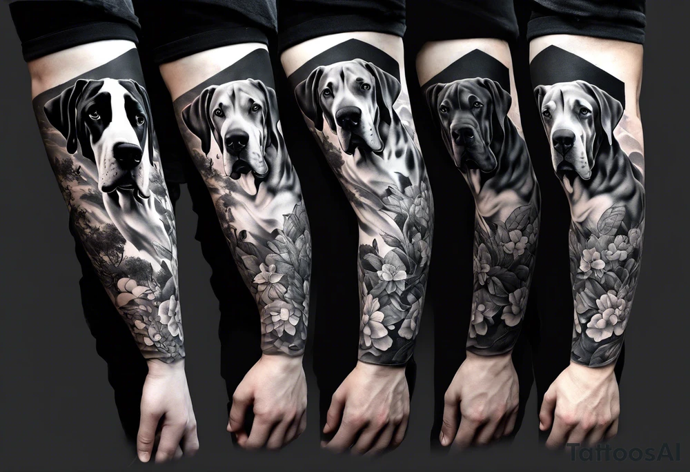 (full arm sleeve on guy) with (4) Four Great Dane floppy ear dogs with an outdoor vibe tattoo idea