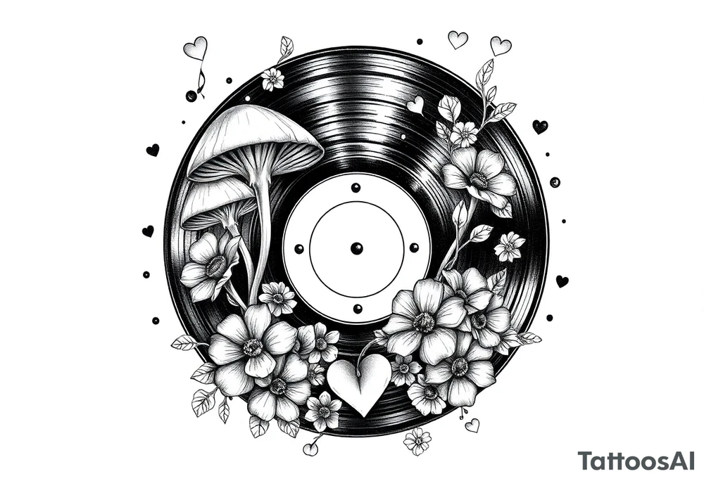 vinyl record with mushrooms, flowers, hearts, and music notes tattoo idea