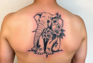 Elephant sitting down holding flowers: lilys, hawthrons, and roses with trunk tattoo idea