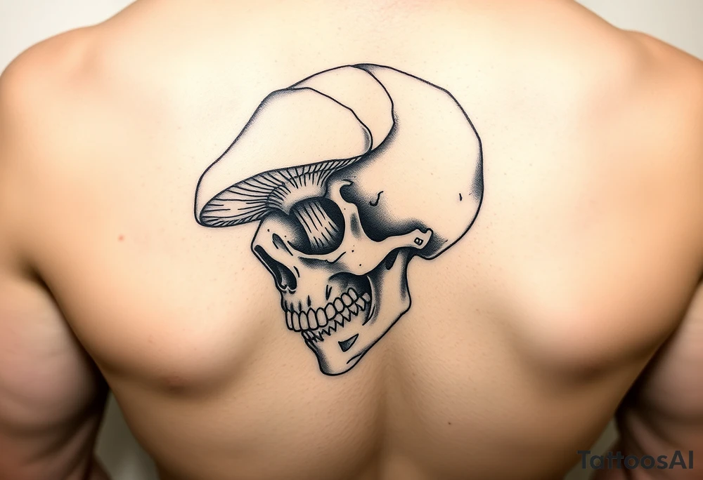 right side of a skull with majestic mushroom out of its eyes and mouth tattoo idea