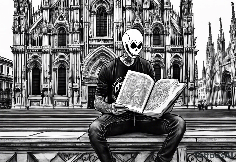 jack skellington leaning against milan cathedral as he reads the date June 07, 2023 tattoo idea