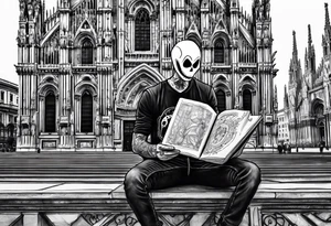 jack skellington leaning against milan cathedral as he reads the date June 07, 2023 tattoo idea