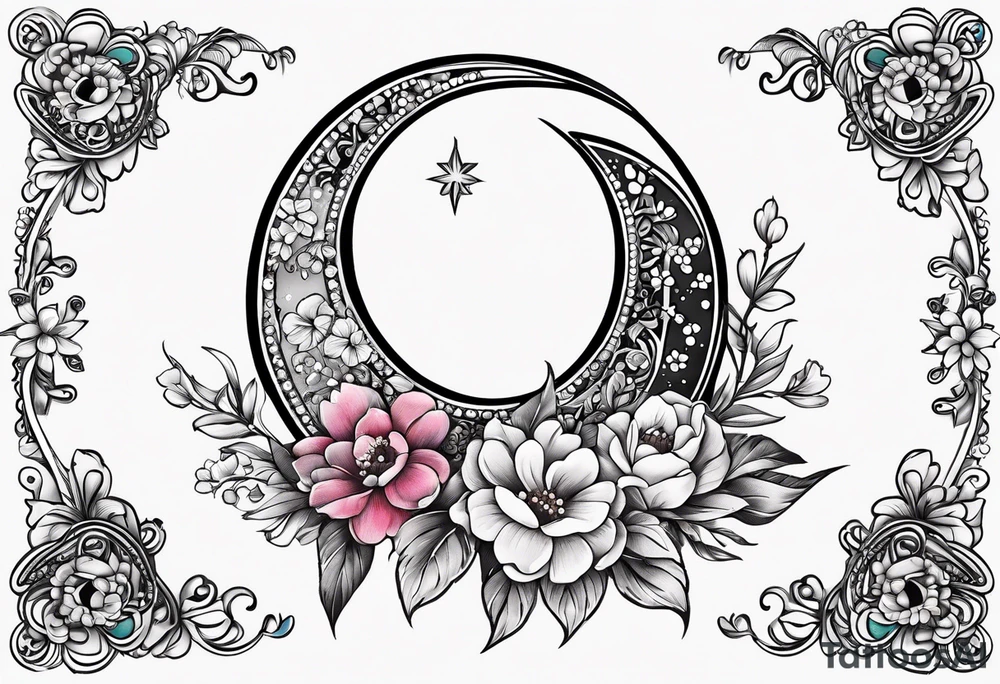Crescent moon with flowers and beading tattoo idea