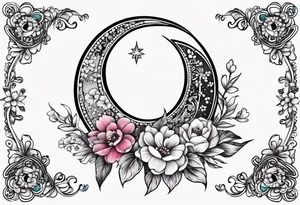 Crescent moon with flowers and beading tattoo idea