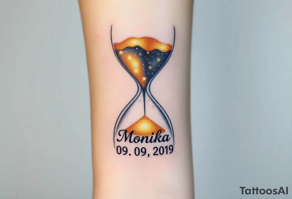 A golden hourglass where sand transforms into tiny stars, flowing down to mark the birth time with name "Monika" and date "09. 09. 2019", in shimmering gold and deep space black tattoo idea