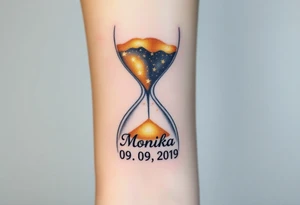 A golden hourglass where sand transforms into tiny stars, flowing down to mark the birth time with name "Monika" and date "09. 09. 2019", in shimmering gold and deep space black tattoo idea