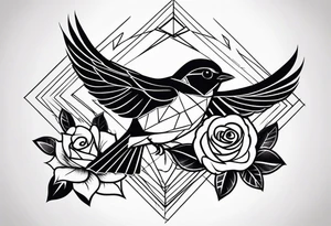 A dark sparrow tattoo with geometric shapes to cover a rose tattoo idea