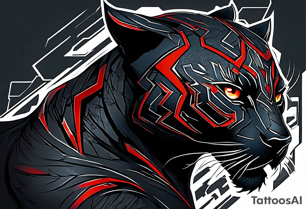 unique black panther tattoo, dynamic pose, showcasing its strength and grace, striking red eyes, intense and captivating elements, artistic flair, blending realism with abstract elements tattoo idea