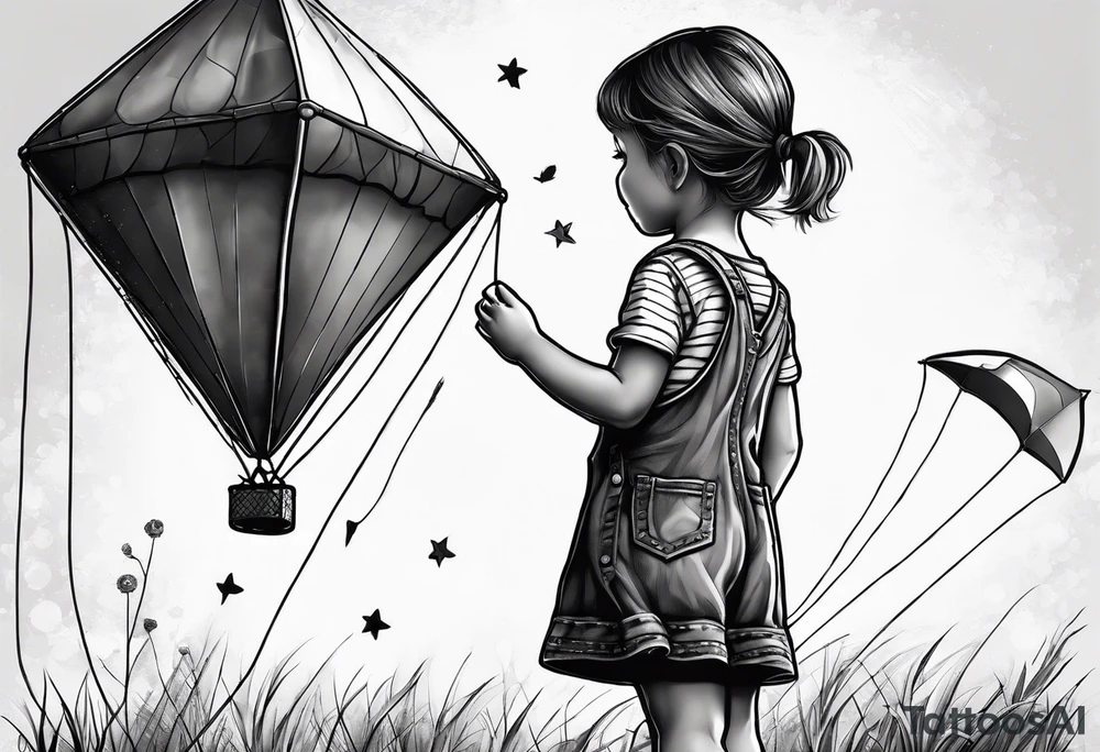 back image of a little girl in a dress, holding a kite , a teddy bear in overalls standing beside her tattoo idea