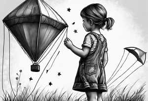 back image of a little girl in a dress, holding a kite , a teddy bear in overalls standing beside her tattoo idea